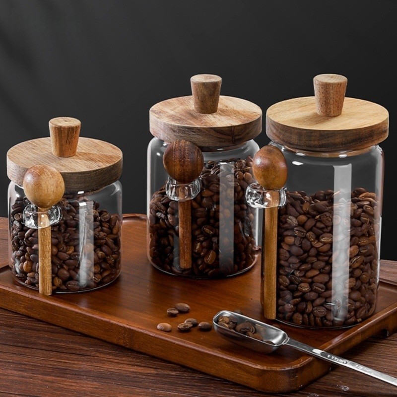 ABJI-Glass Jar With Wooden Lid - Coffee Tea Sugar Container Set ulasan dan harga