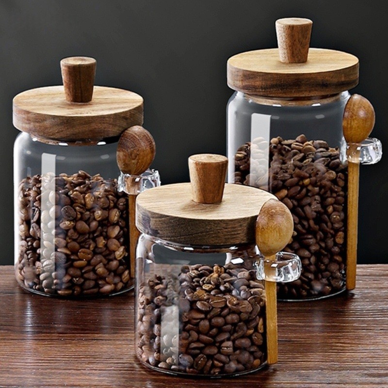 ABJI-Glass Jar With Wooden Lid - Coffee Tea Sugar Container Set ulasan dan harga