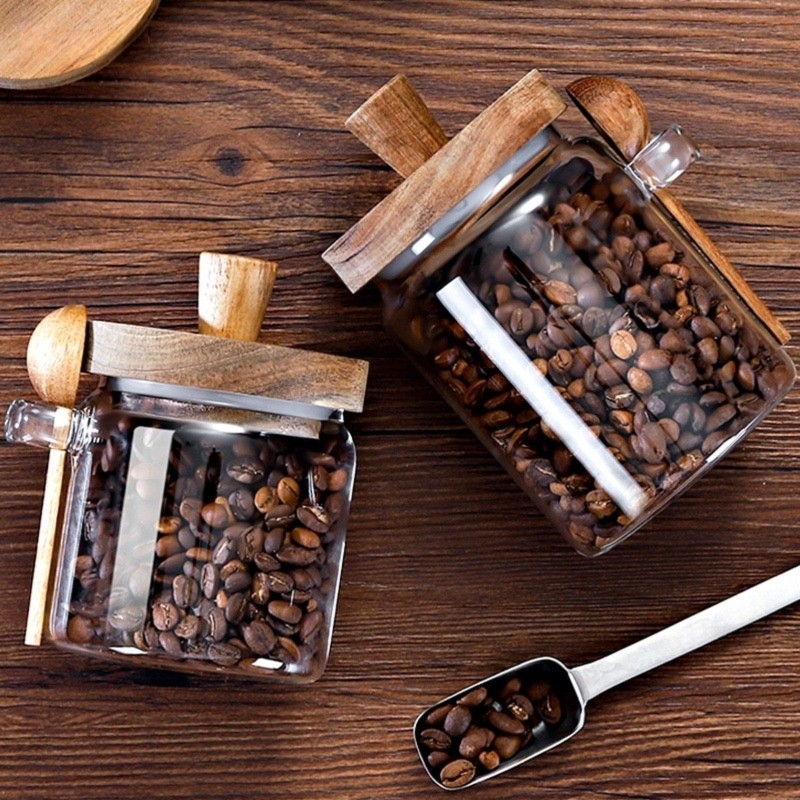 ABJI-Glass Jar With Wooden Lid - Coffee Tea Sugar Container Set ulasan dan harga